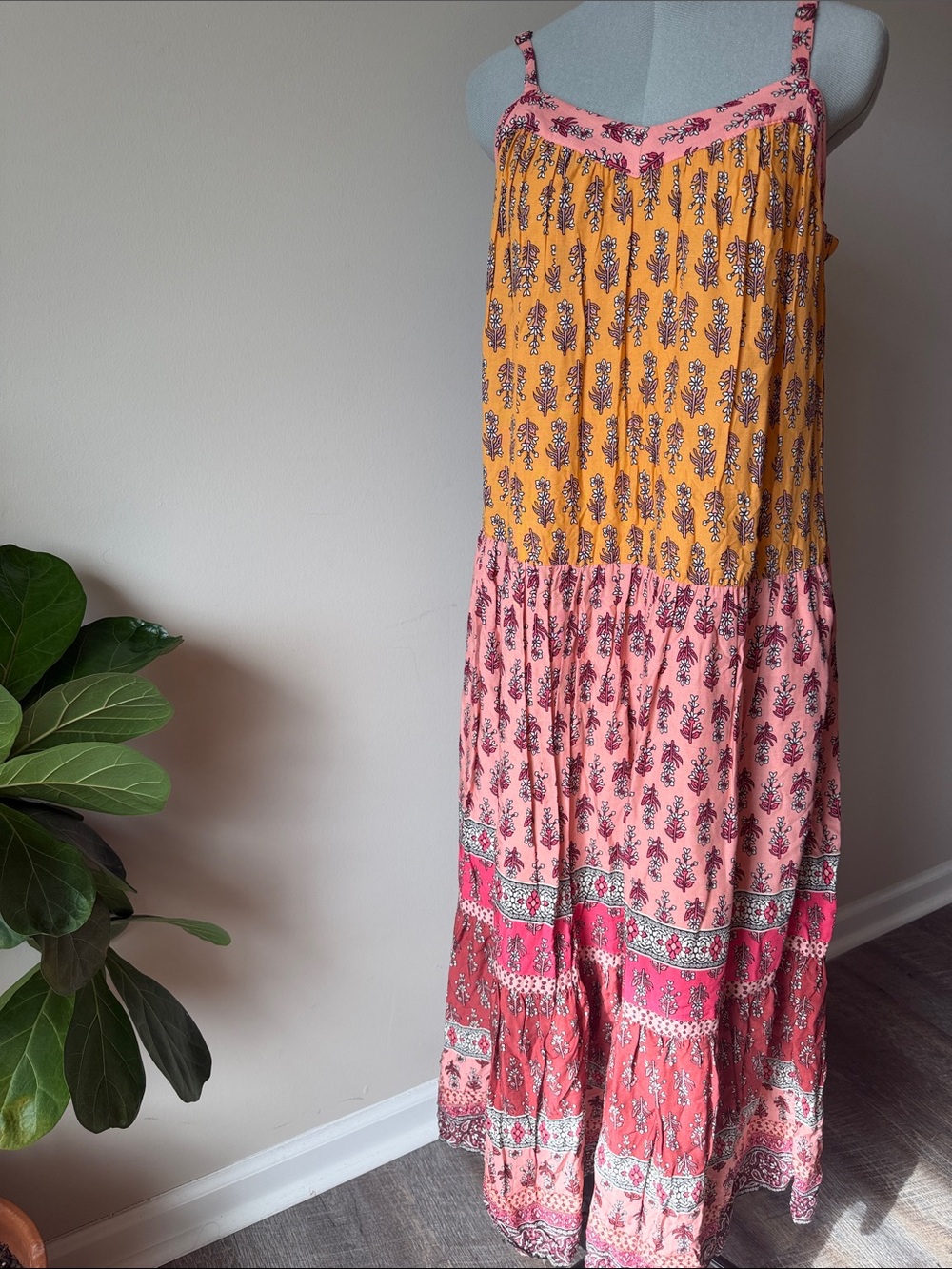 Knox Rose Pink and Yellow Boho Tiered Maxi Skirt